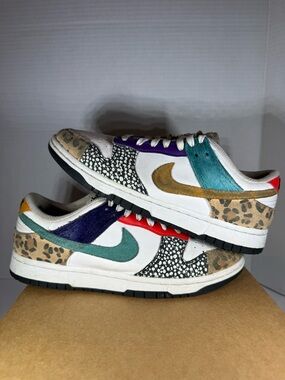 Nike Multi-Print Dunk Low — White, Teal, Black, Brown, Orange, Red